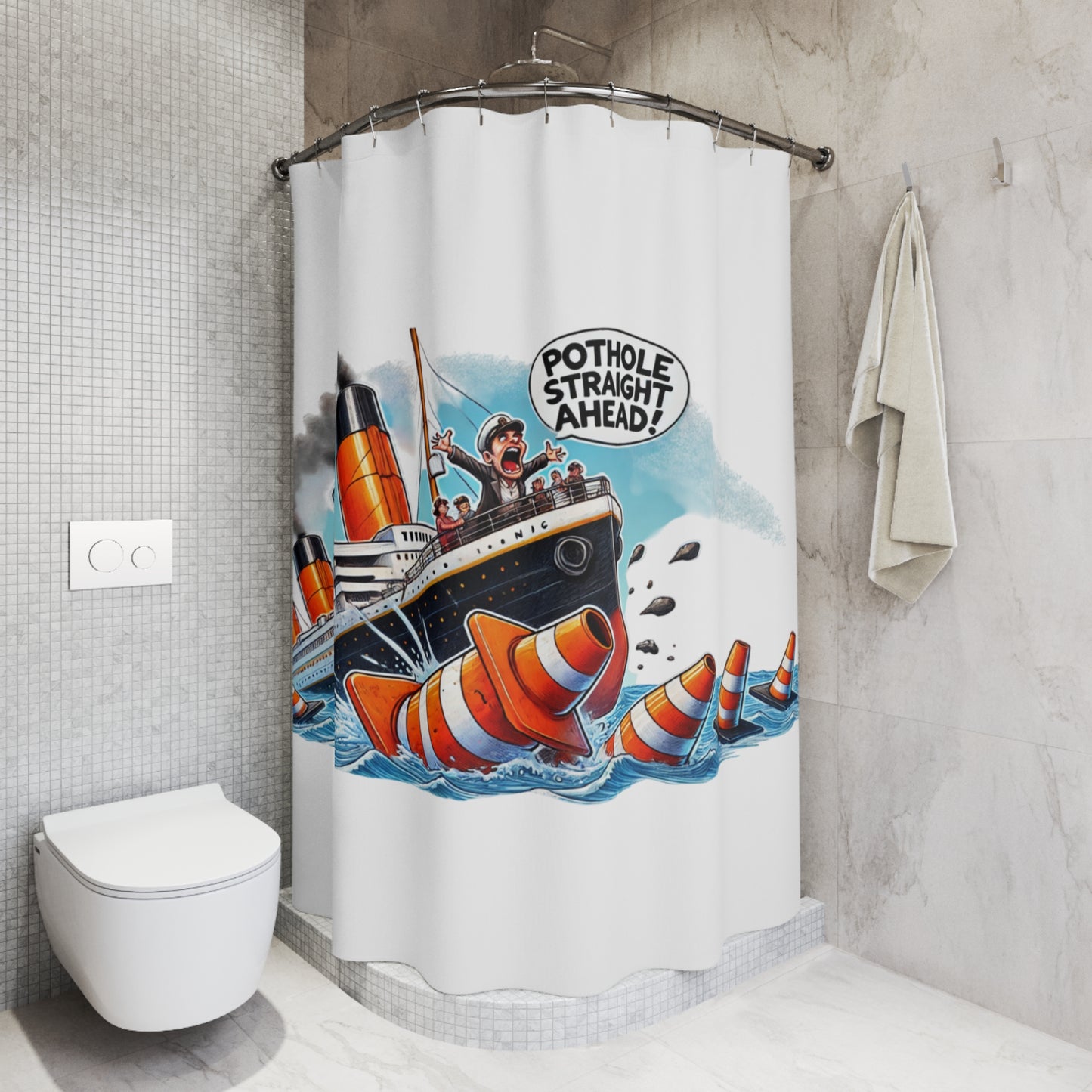 Titanic Pothole Alert Shower Curtain - Nautical Humor Bathroom Decor