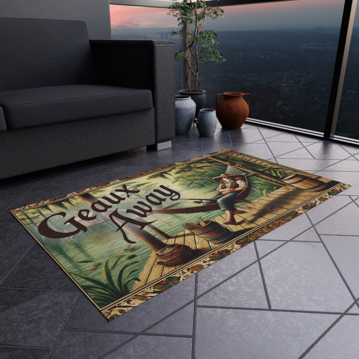 Outdoor Rug: 'Geaux Away' Cozy Patio Mat for Relaxation, Garden Decor, Camping Accessory, Summer Vibes