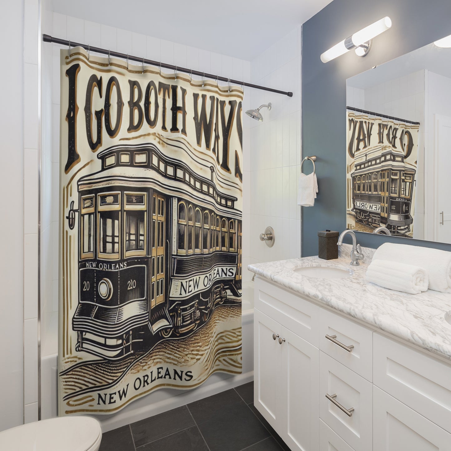 Shower Curtains - New Orleans Streetcar 'I go both ways' Design