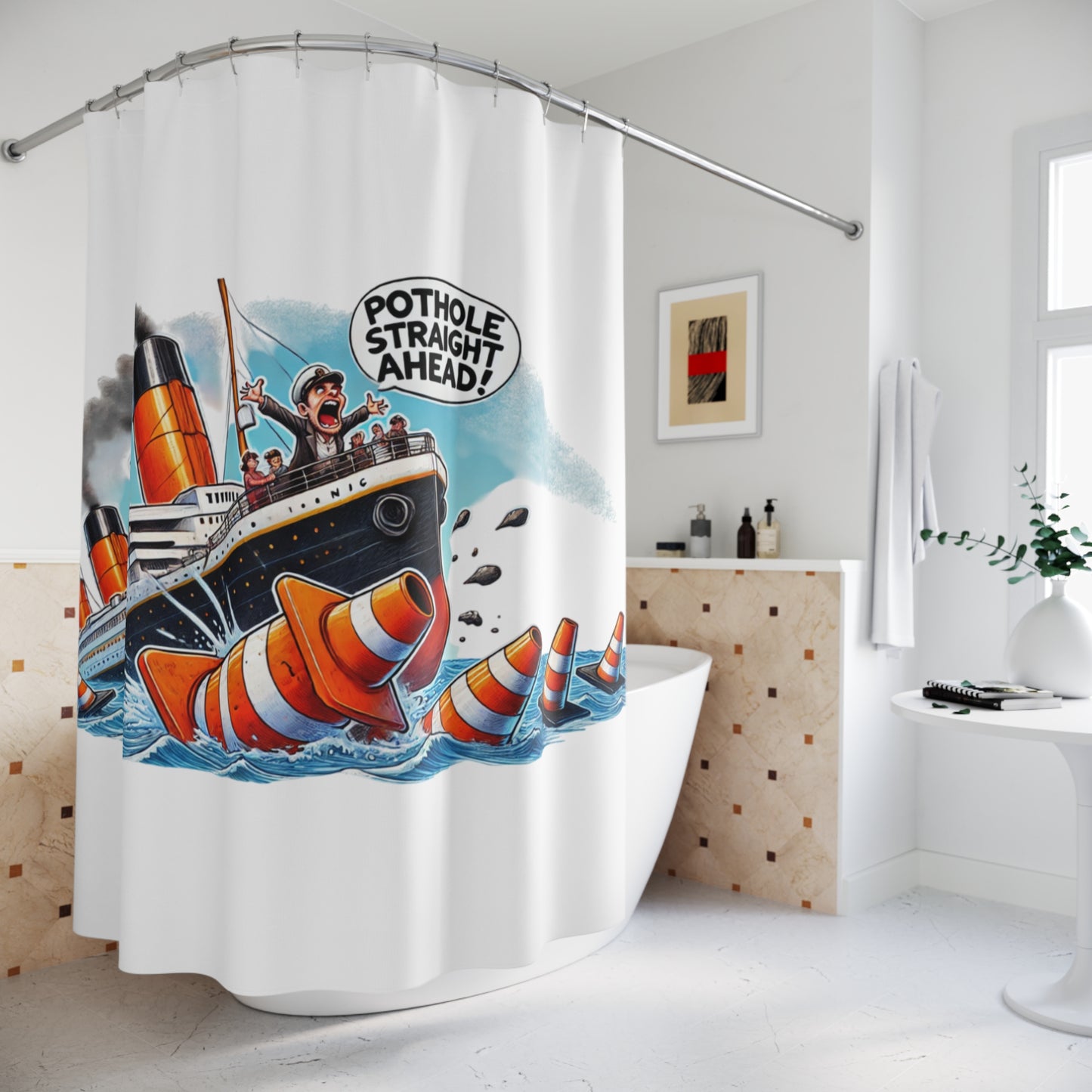 Titanic Pothole Alert Shower Curtain - Nautical Humor Bathroom Decor
