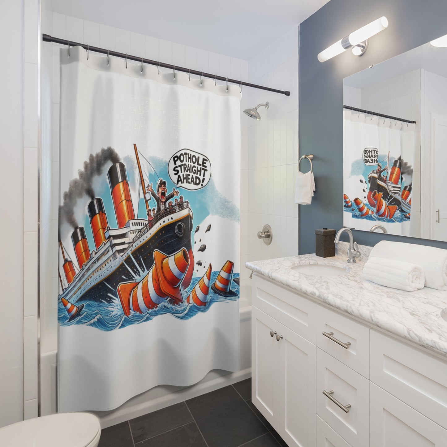 Titanic Pothole Alert Shower Curtain - Nautical Humor Bathroom Decor